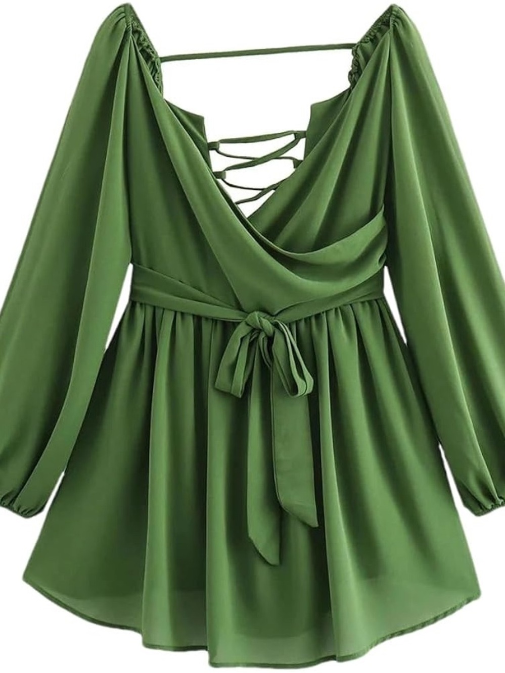 Amazon Green Long Sleeve Wrap Romper with Waist Tie